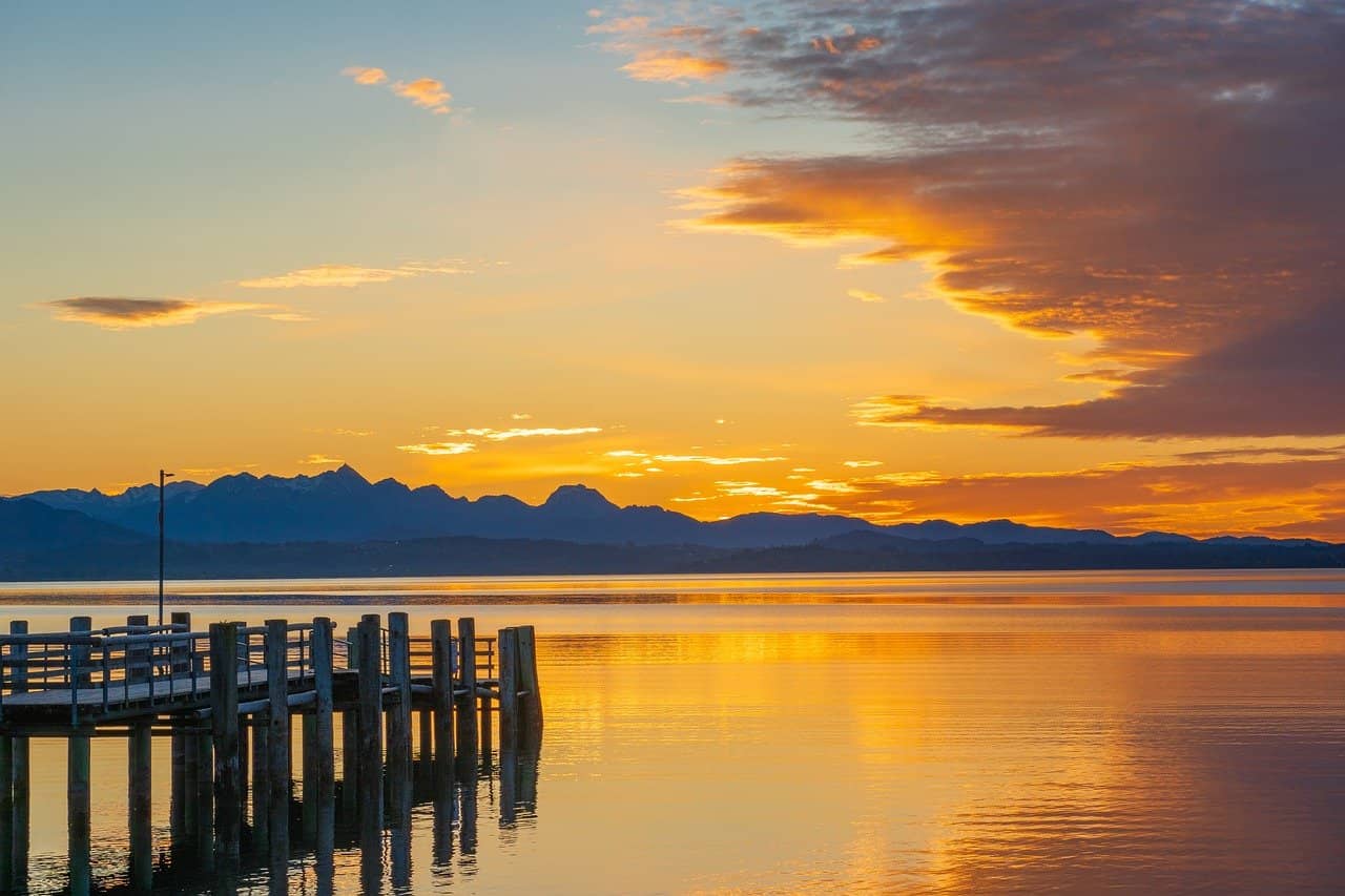Sunset, Lake, Mountains Image.