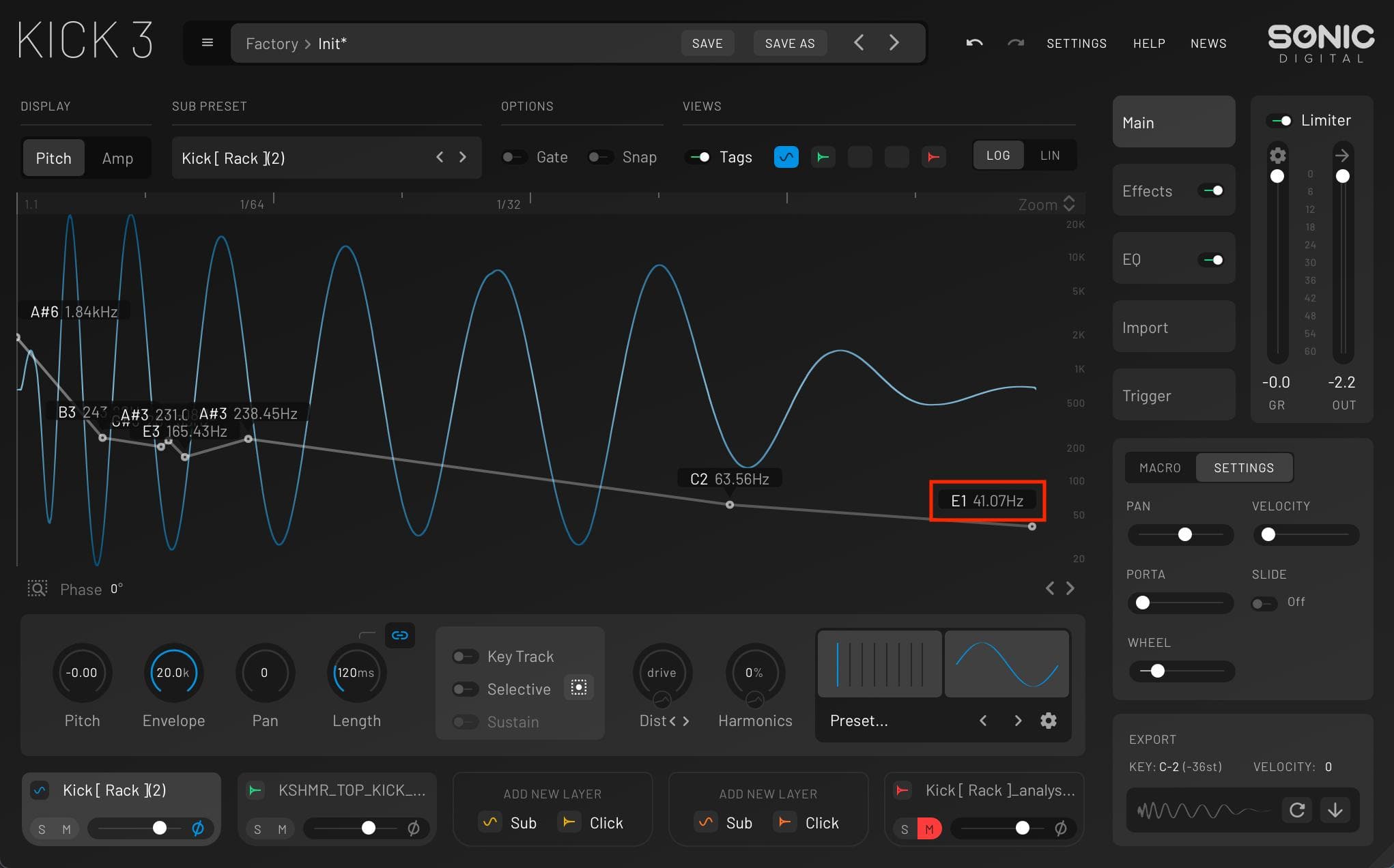 Kick tuned to E1 at 41 Hz