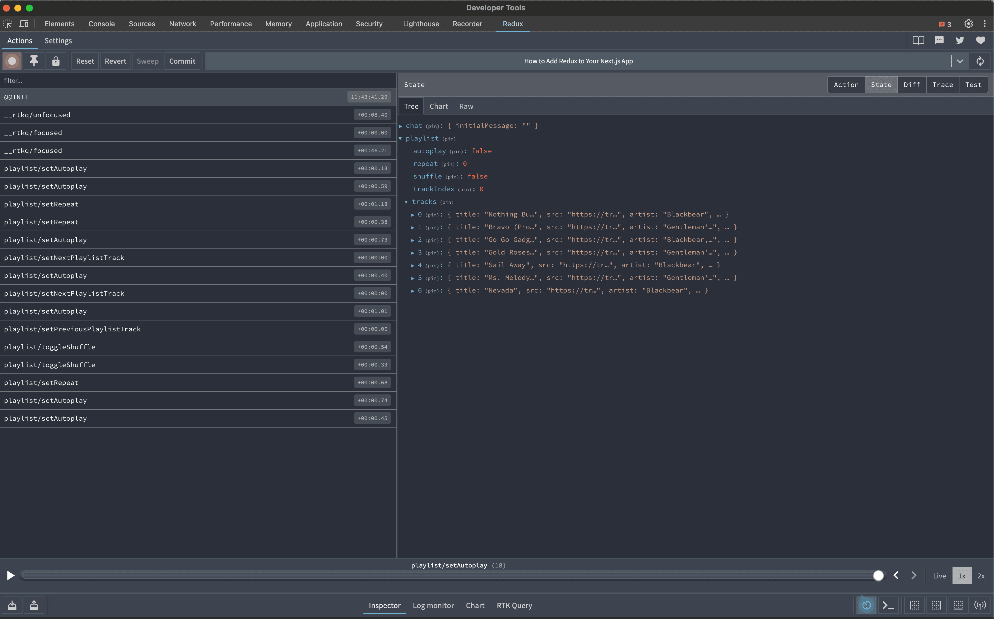 Redux DevTools of Playlist State